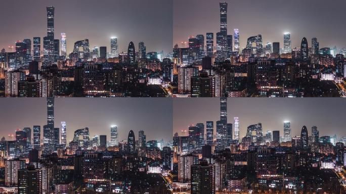 T/L TD夜间北京天际线和市中心鸟瞰图/中国北京