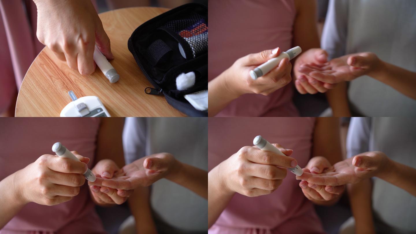 特写镜头：一位女士在家里帮助母亲用血糖仪检查血糖水平