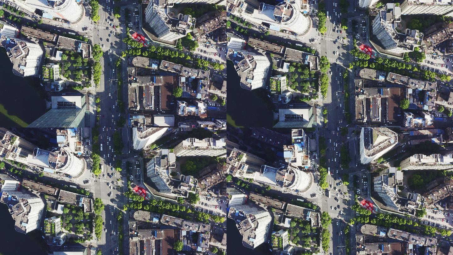 市中心的空中剪辑顶视图十字路口武汉城区