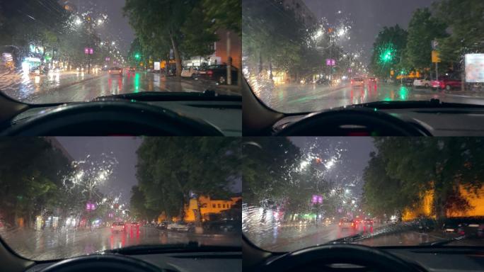 在雨夜开车雨刮前行行驶
