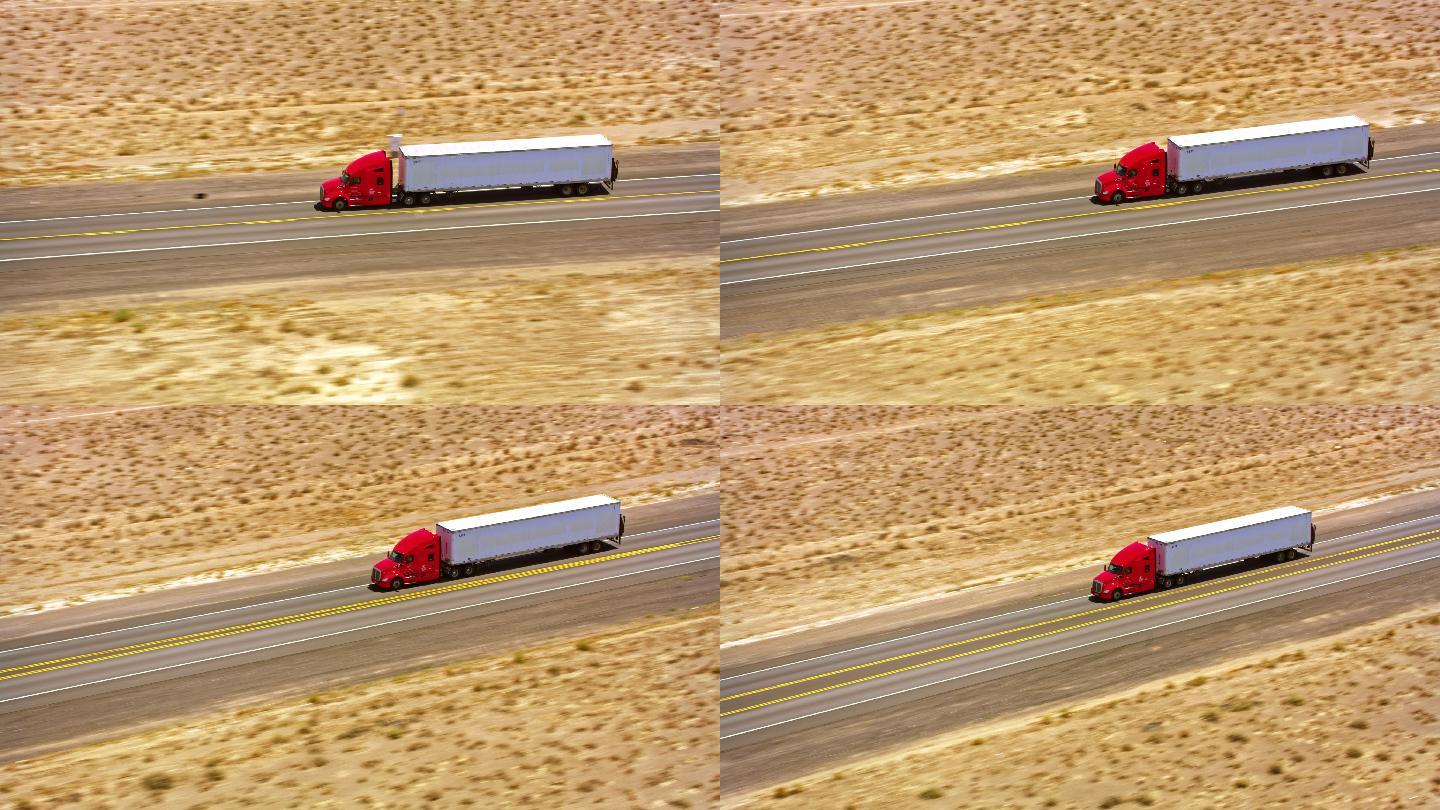 美国内华达州一辆红色空中卡车在高速公路上行驶