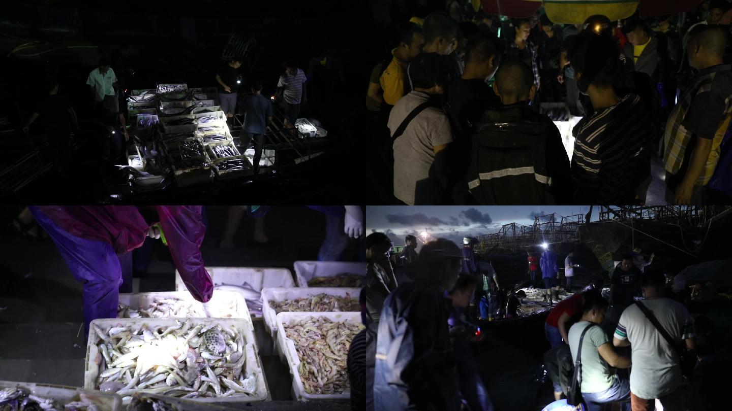 凌晨渔获市场码头海鲜交易市场