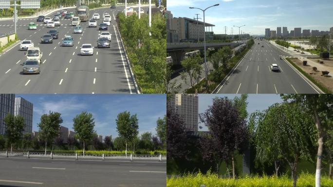 城市干净整洁的道路绿化带车流