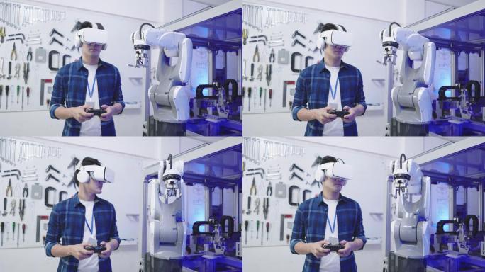 正面图：亚洲软件工程师年轻人通过无线控制器和虚拟仿真眼镜控制自动机械臂生产线的运动系统
