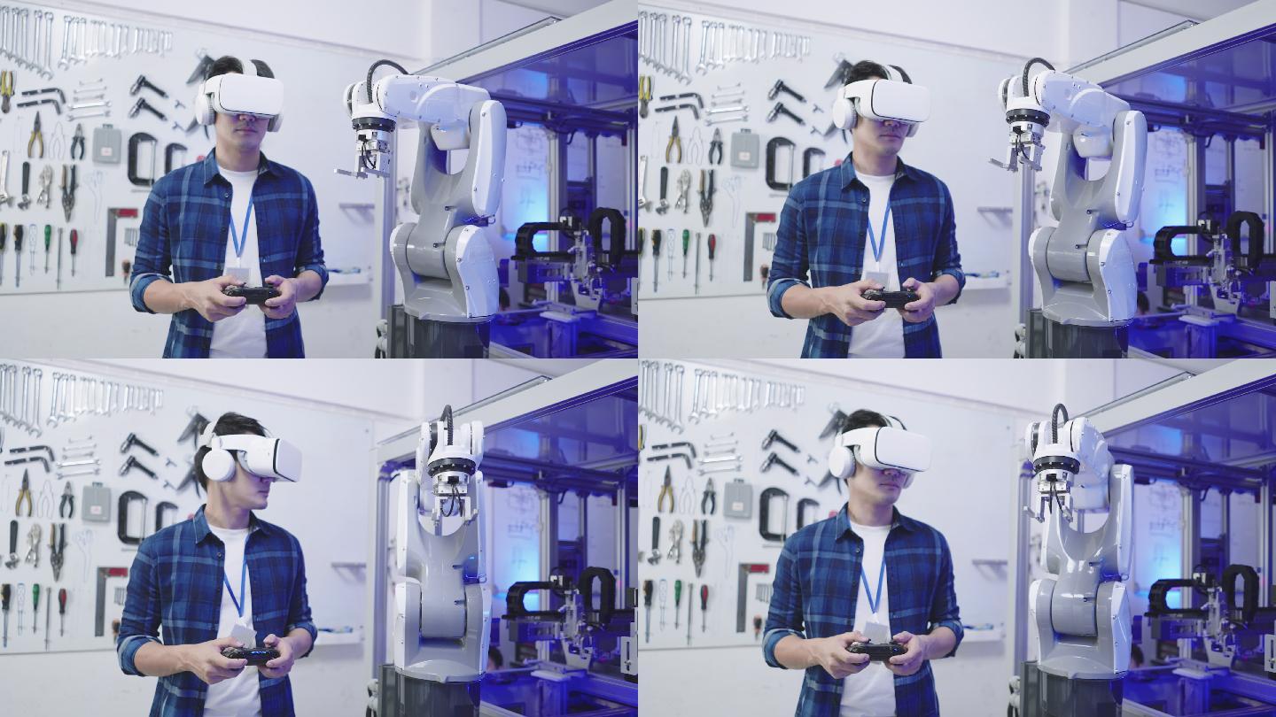正面图：亚洲软件工程师年轻人通过无线控制器和虚拟仿真眼镜控制自动机械臂生产线的运动系统