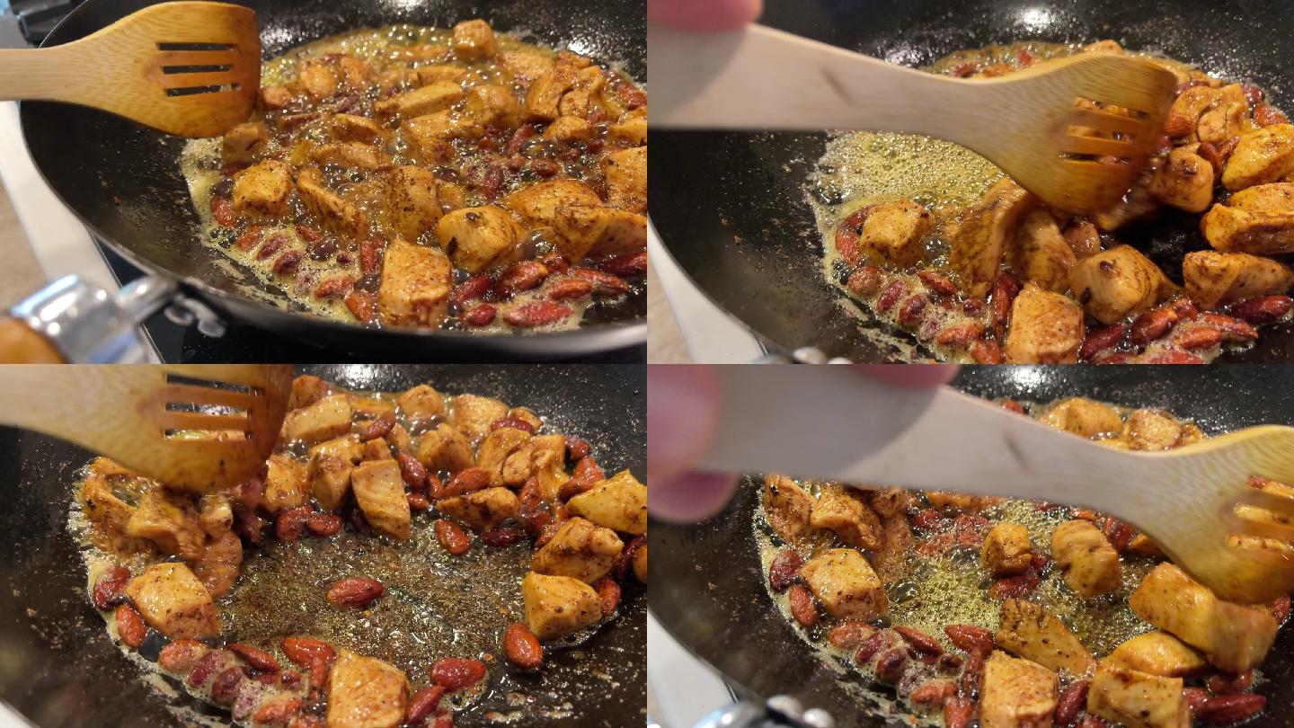 将鸡胸脯和杏仁烤成褐色，用于美食亚洲炒菜，使用气体火焰视频系列