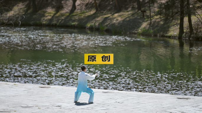 湖边晨练打太极的男人