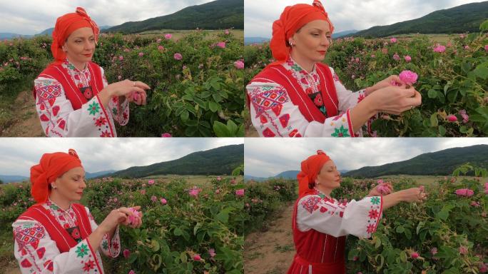 穿着保加利亚传统服装的4K中年妇女在农田采摘玫瑰花。玫瑰采摘，精油生产。