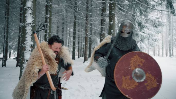 骑士和中世纪武士在森林里散步时交谈
