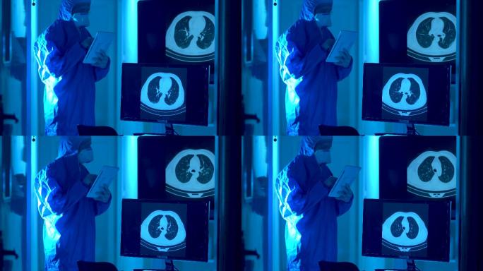 放射科医生在放射科诊所检查患者胸部CT图像的4K视频