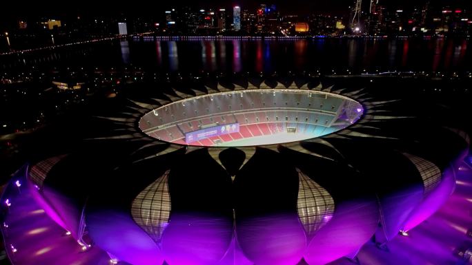 4k航拍杭州滨江奥林匹克体育中心夜景