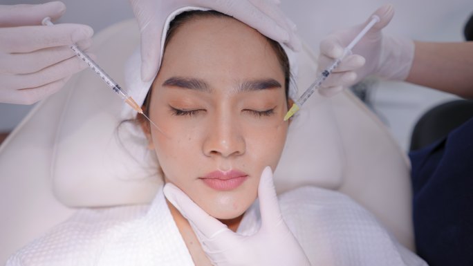 亚洲年轻漂亮的女性，穿着浴衣，头戴毛巾头巾，躺在医生面前，在额头皮肤和面部进行面部注射。亚洲年轻美丽