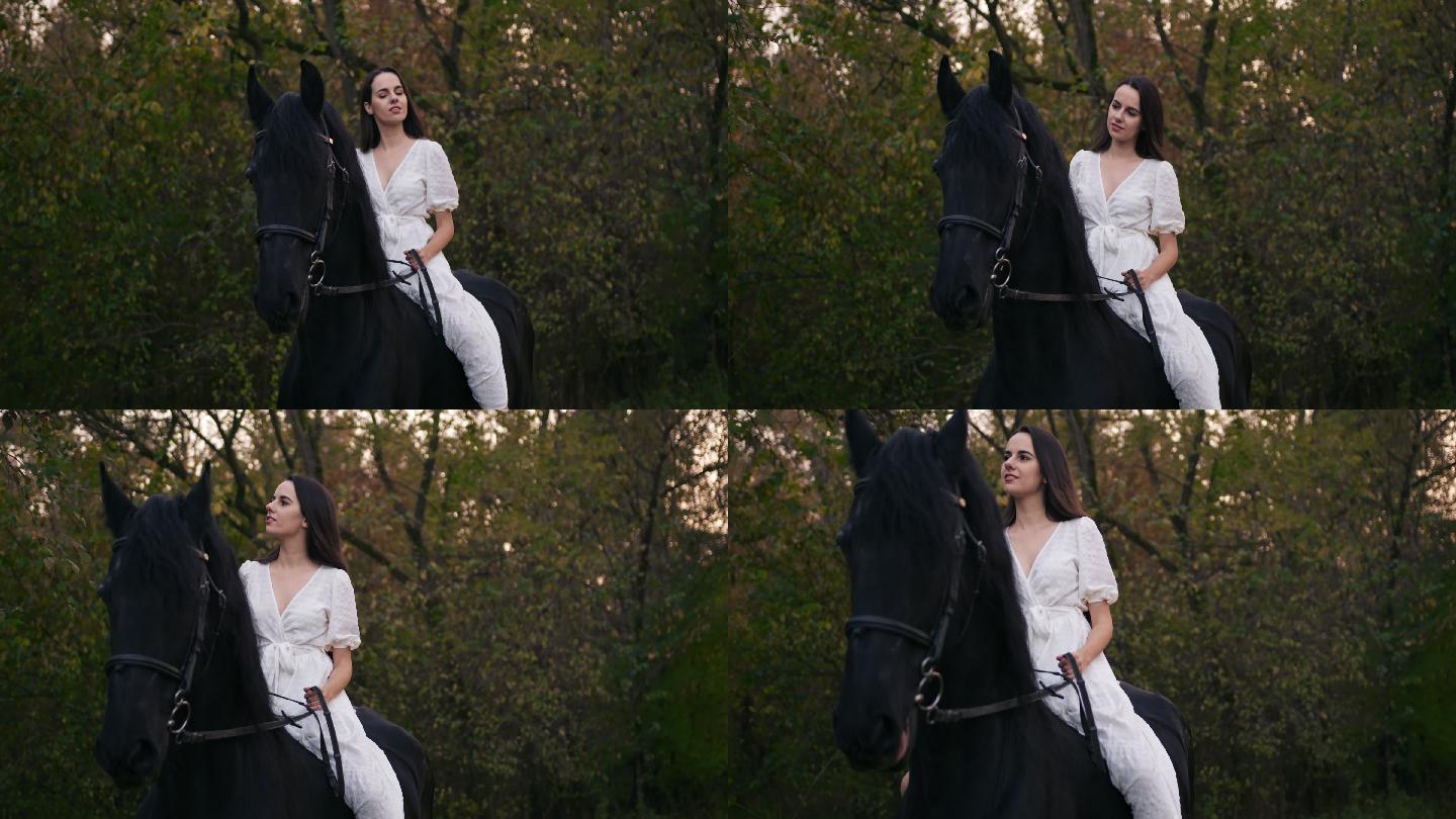 穿着白色长裙的斯洛莫年轻女子骑马穿过森林