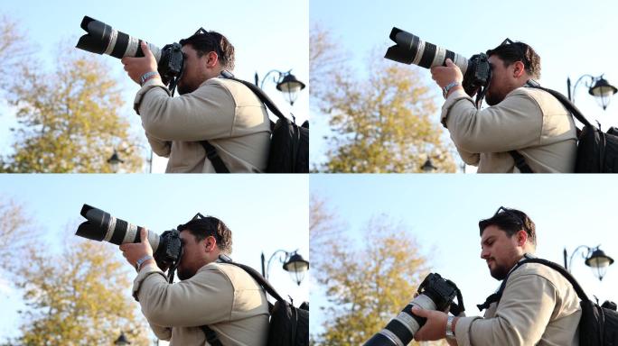 男性摄影师用数码相机拍摄伊斯坦布尔风景，摄影师用相机拍摄土耳其哈吉亚·索菲亚——特写镜头，男性游客在