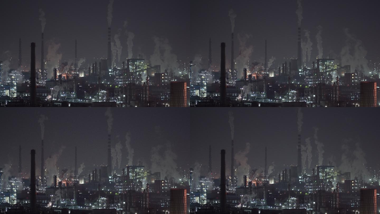 石油化工厂和炼油工业夜间鸟瞰图