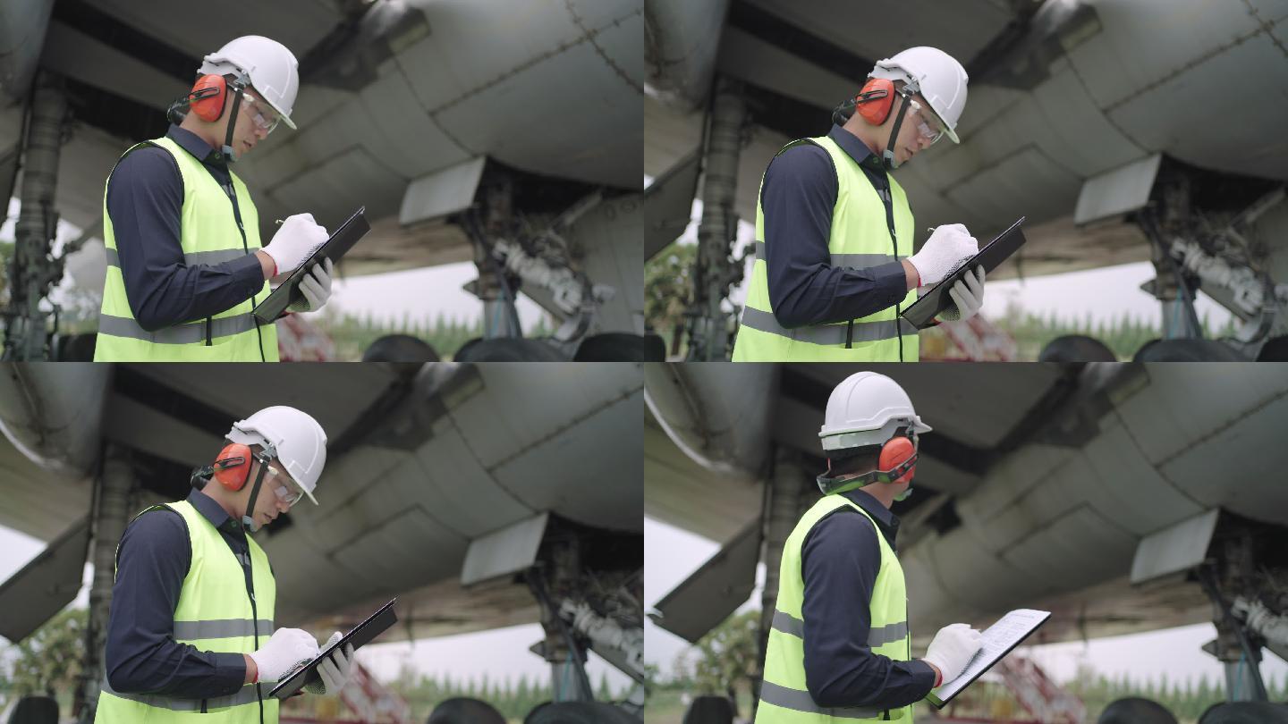 穿着安全背心的亚洲飞机维修技工在机场跑道起飞前检查飞机发动机清单