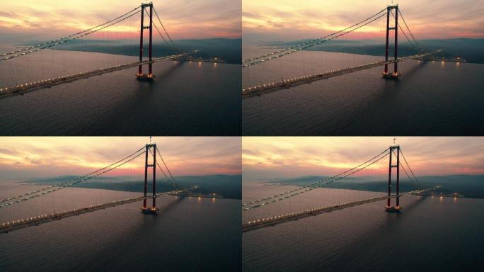 最长的中跨悬索桥施工——Dardanelles 1915 Canakkale大桥黄昏4K无人机镜头