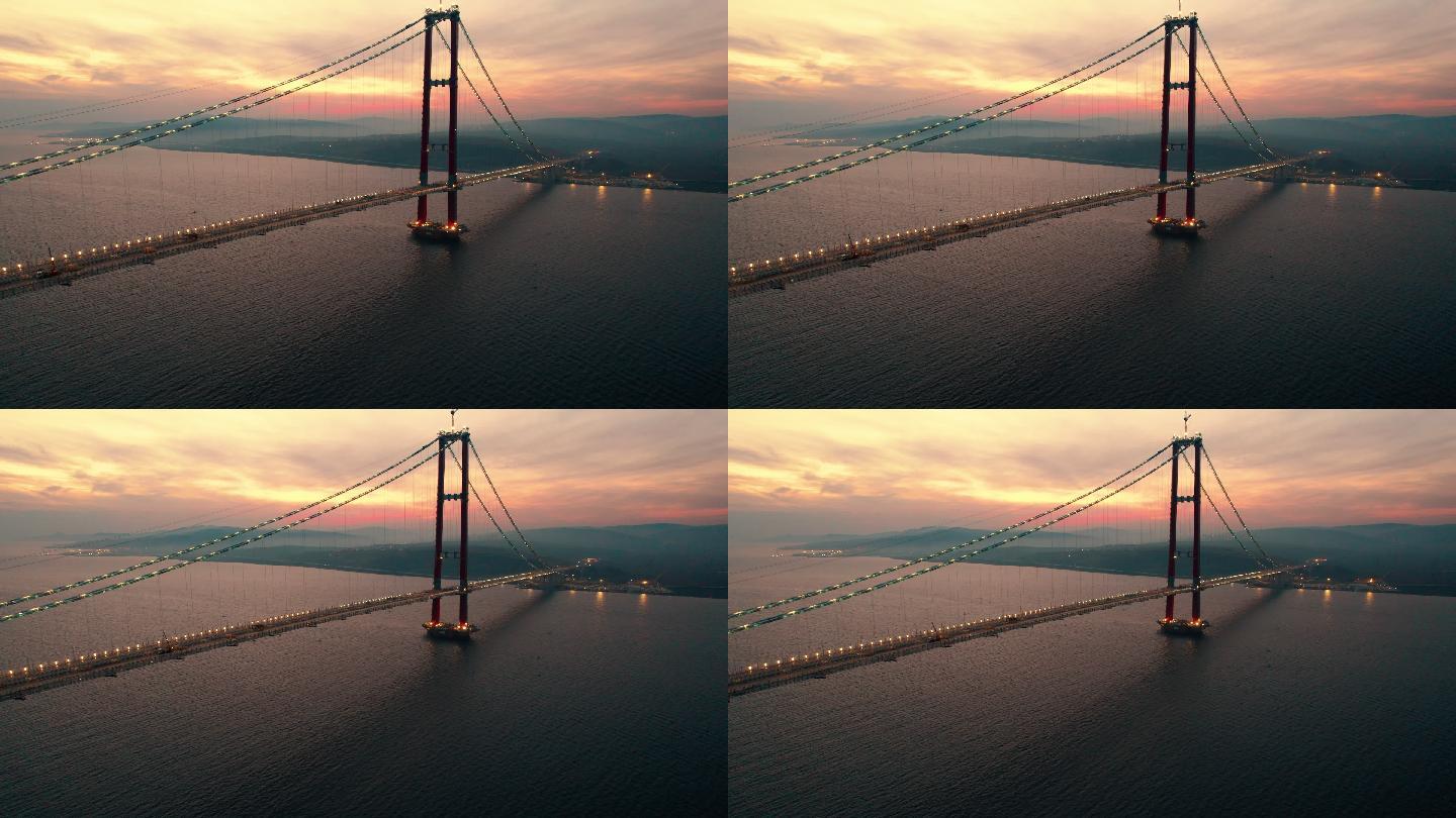 最长的中跨悬索桥施工——Dardanelles 1915 Canakkale大桥黄昏4K无人机镜头