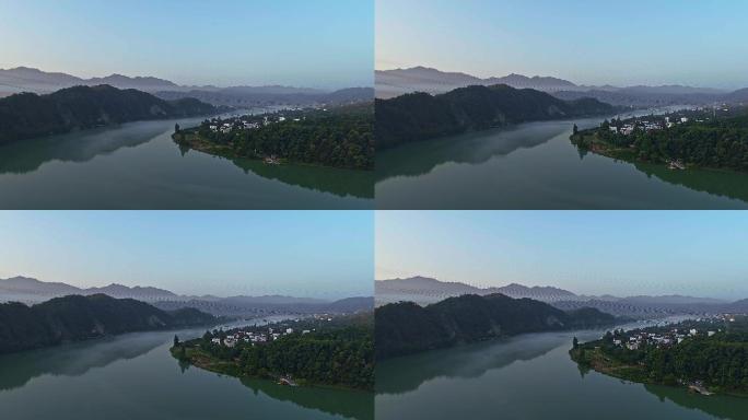 航拍4k建德山区风景湖面清晨薄雾生态旅游