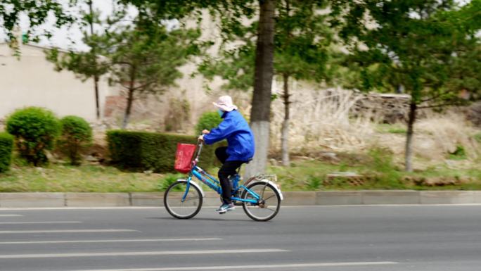 骑自行车过马路的老奶奶