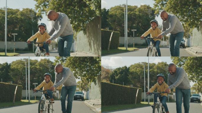 4k视频，一位英俊的成熟男子教儿子如何在户外骑自行车
