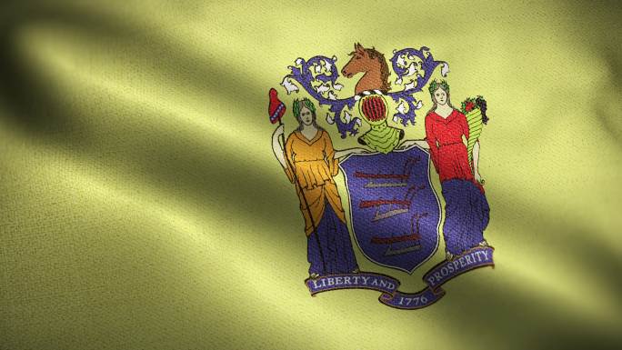 新泽西州国旗动画背景库存视频-新泽西州国旗在一个圆圈中挥舞-新泽西州国旗在风中飘动-高度详细的纹理国