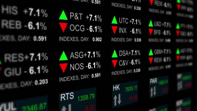 股票市场交易图表电子板，有财务数据背景，有选择的重点。证券交易所市场指数表