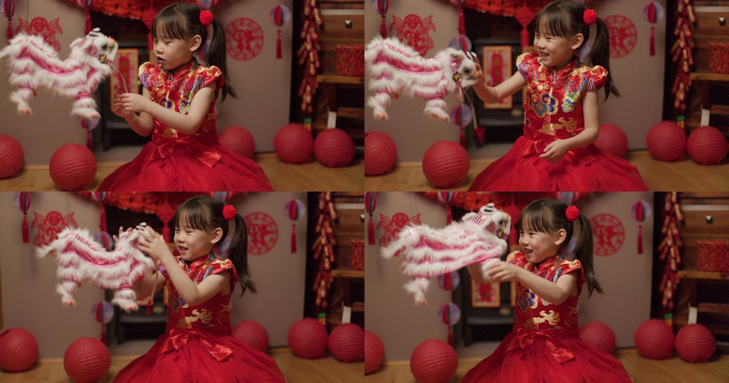 穿着传统服装的年轻女孩庆祝中国新年