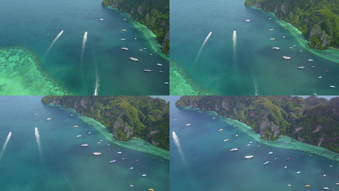 泰国普吉皮皮岛航拍风光游船游轮