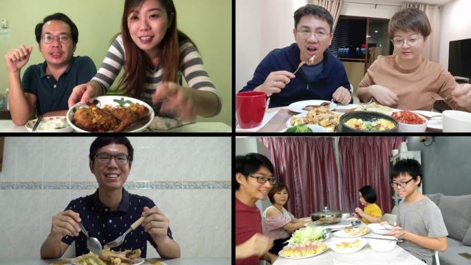 亚裔中国夫妇团聚设备屏幕视频通话与家人、朋友在家共进晚餐