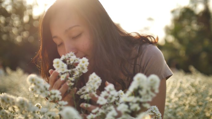 闻花香的女人逆光下的姑娘