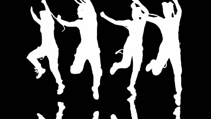 四位女舞者一起表演。黑色背景上的白色轮廓