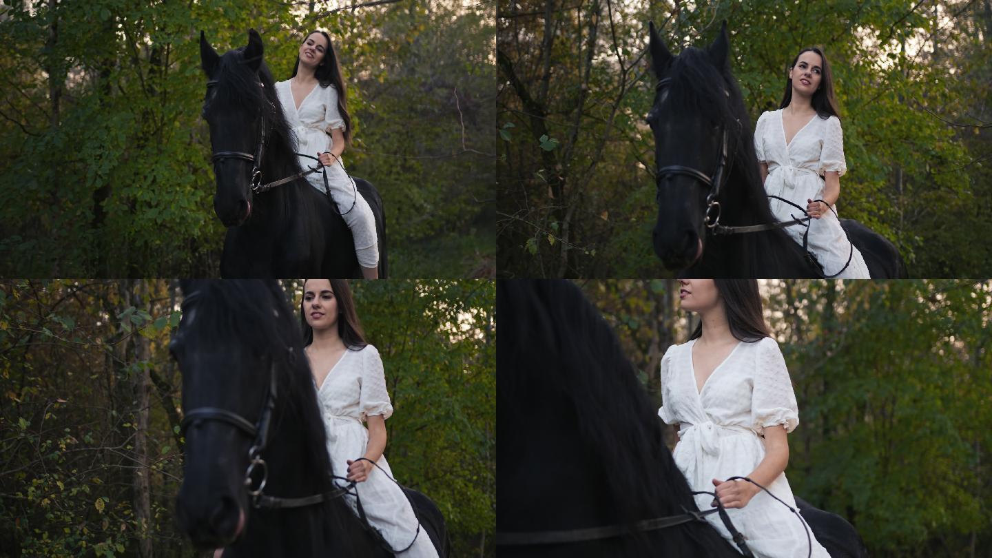 穿着白色长裙的斯洛莫年轻女子在乡下骑马