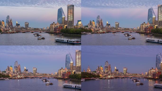 伦敦金融中心的城市天际线，有摩天大楼和泰晤士河，日夜交替——4k延时（平移）