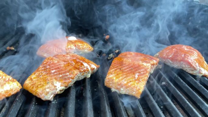 烧烤铸铁炉排上的调味三文鱼片视频系列