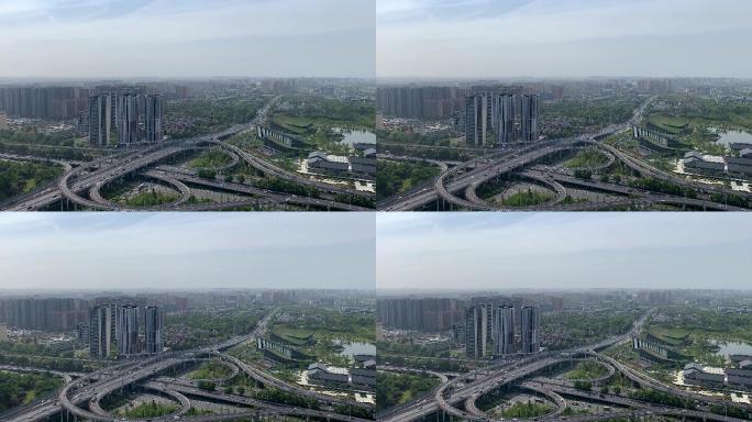 城市鸟瞰高处俯拍立交桥交通车流延时4K