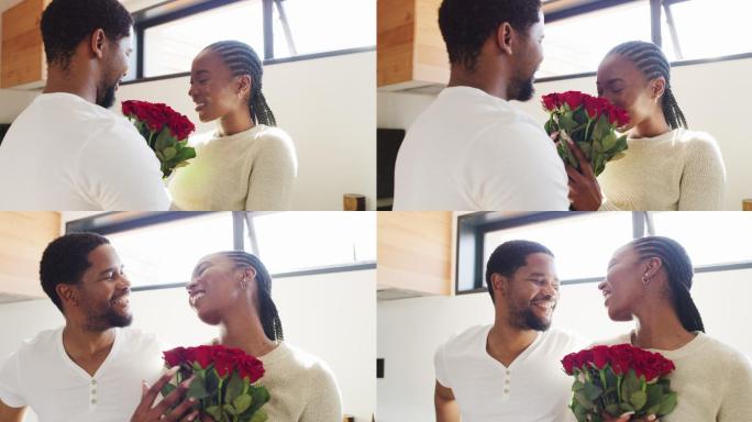 一个英俊的年轻人在家的厨房里给女友送玫瑰的4k视频片段