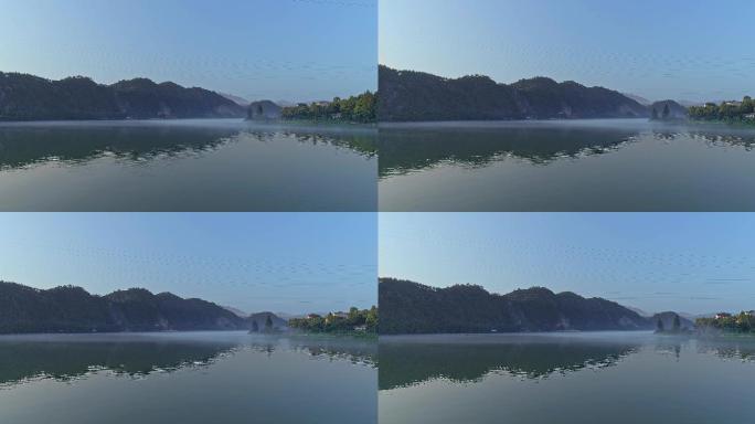 航拍4k建德山区风景湖面清晨薄雾生态旅游