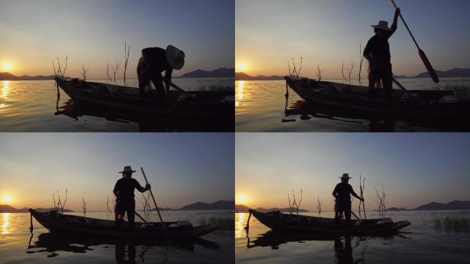 当地渔民早上在水中抛渔网捕鱼的生活方式视频