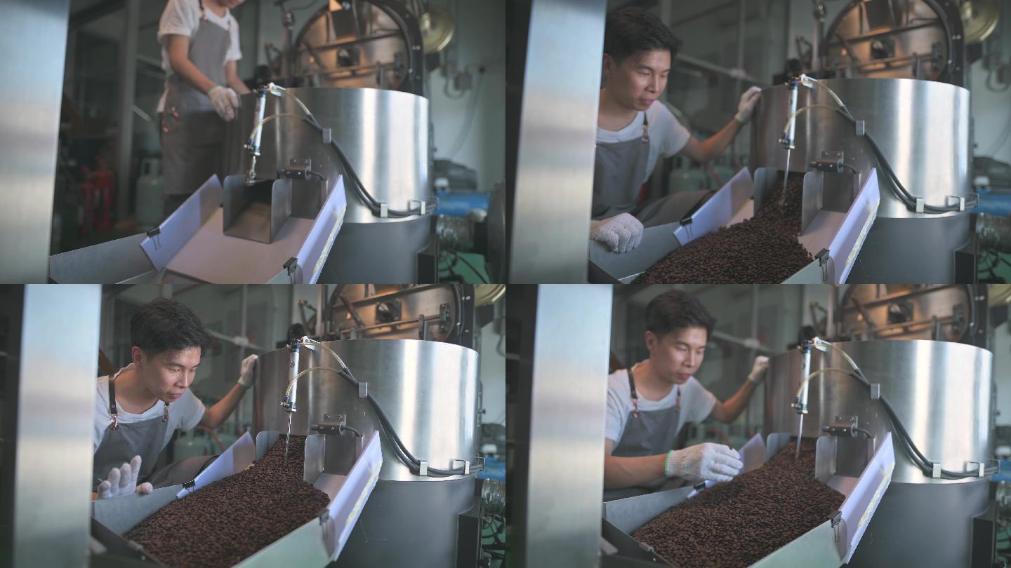 一名亚裔中国工匠在工厂从冷却过程中纺出咖啡豆后，检查咖啡豆去石的过程