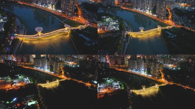 成都高新竹岛网红桥夜景航拍视频4K御三