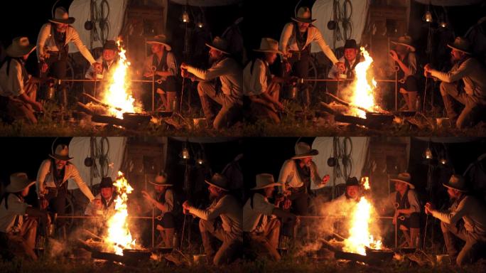 牛仔围坐在篝火旁4K视频