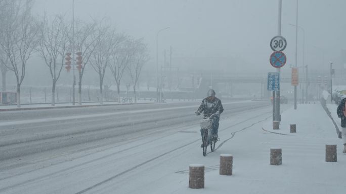 雪  城市 路人自行车