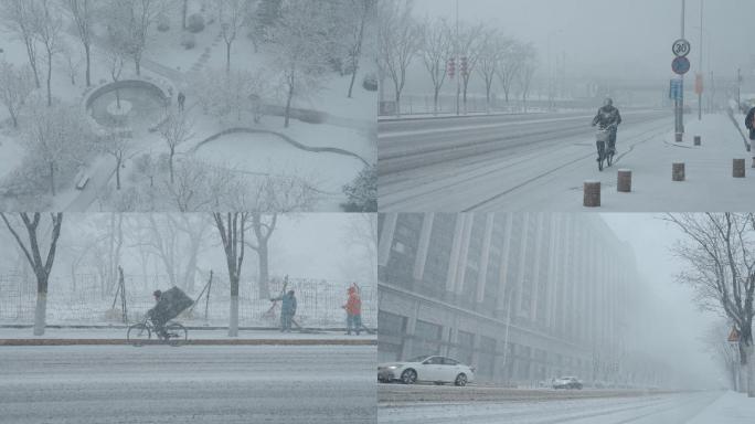 雪  城市 路人自行车