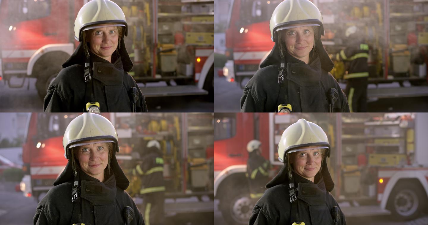 一位戴着防护头盔的女性消防员的肖像