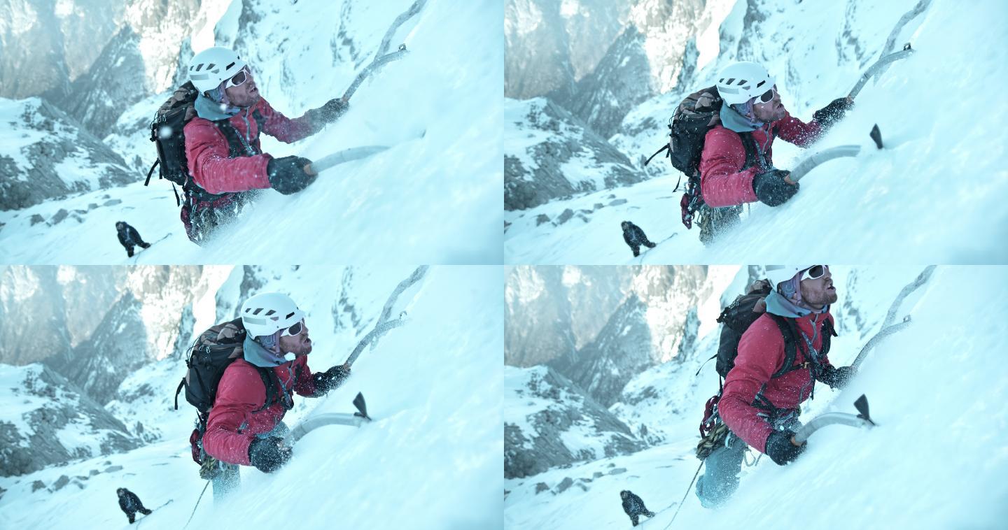 斯洛莫冬季登山者使用冰斧上山