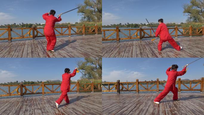 一位女士正在湖边练太极剑。