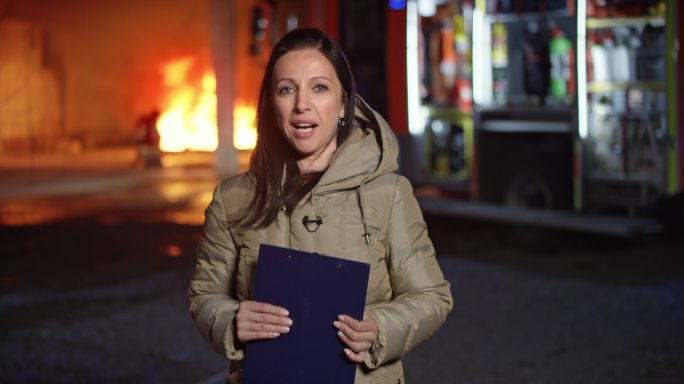 女记者从背景中看到的火灾现场报道