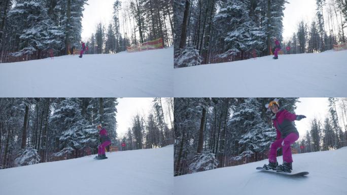 冬日玩滑雪板的少女