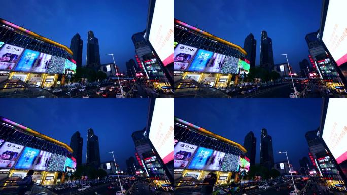延时拍摄灯光绚丽多彩的天津城市商业街